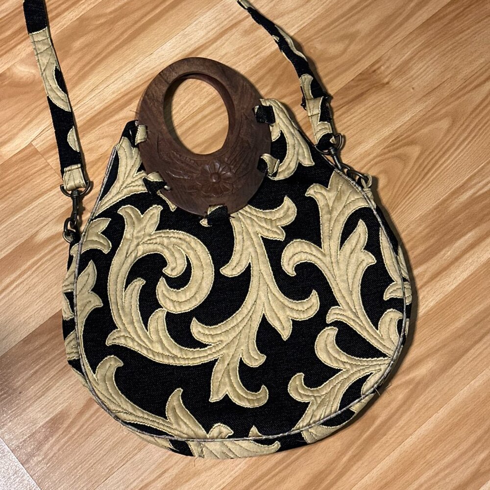 ZARA Crossbody Handbag Boho Wooden Handles Embroidered Fabric Black Tan Purses - Picture 2 of 14